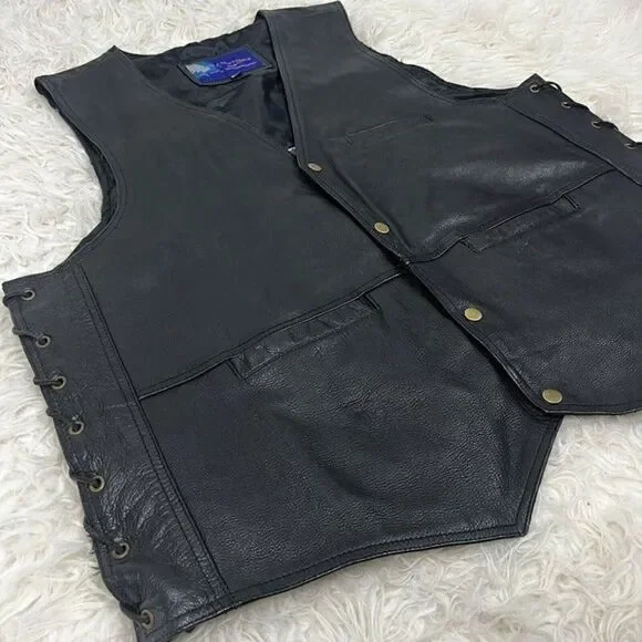 Vintage Vance Leathers Men’s Black Leather Biker Vest Maddog Patched Men’s XXL